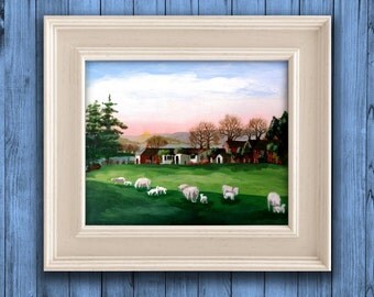 Bright acrilyc painting on canvas 10x12" / ready to hang / green fields provence landscape blue violet PEINTURE PAYSAGES