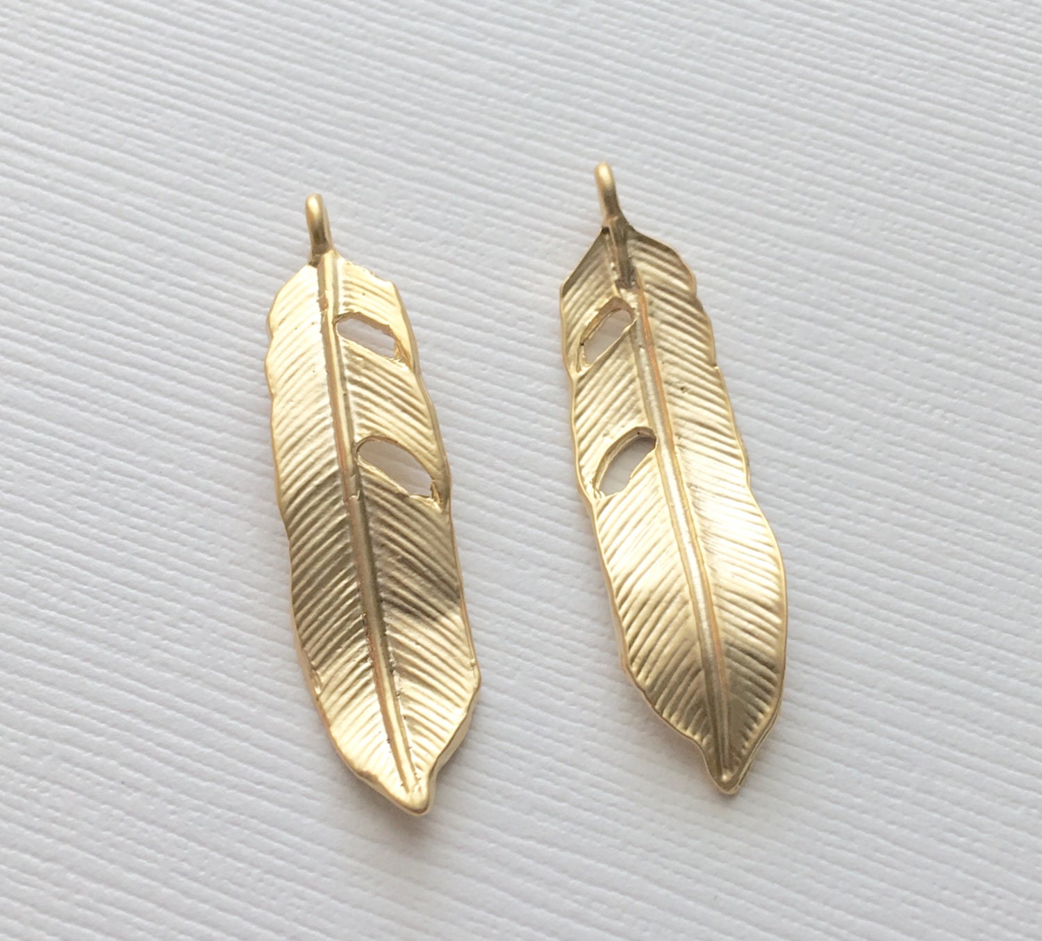 Gold Feather Pendant Matte Gold Feather Charm Gold Leaf