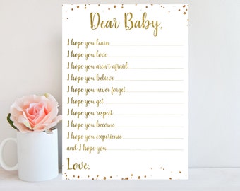 Dear Baby, Baby Shower Game, Girl Boy Wishes for Baby Printable, Gold Confetti, Instant Download, Gold Baby Shower Wishes Card BBSG1