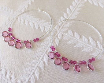 Sterling Silver Hoop Earrings Fuschia Charms, SE-147