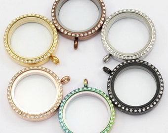 50% off 30mm Stainless Steel floating locket With Rhinestones, Memory Locket, Stainless Steel Lockets, 6 Colors for Pick