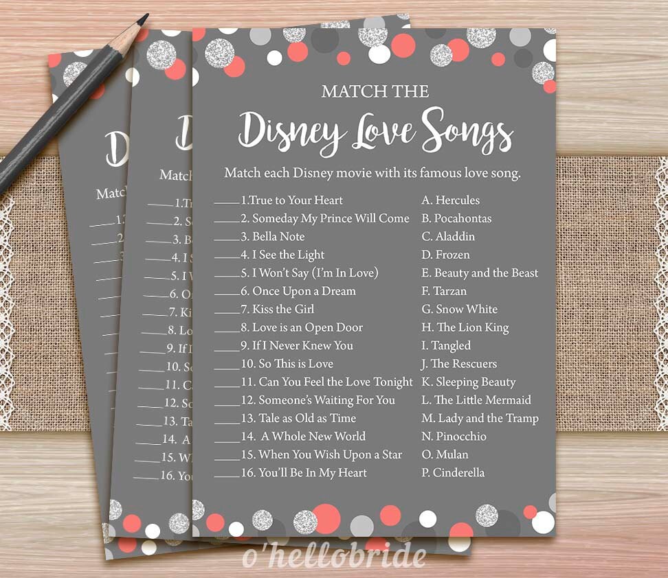 Disney Love Songs Match Game Printable Bridal by ohellobride