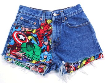 Levis Vintage Cut off Jean Shorts, Super Hero Patched Jean Shorts, Marvel Patched Jean Shorts,