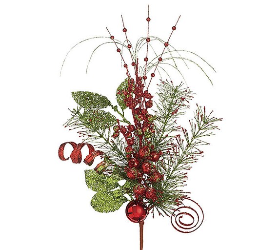 Christmas Floral Picks Set of 3 Red and Green Glitter Ideal