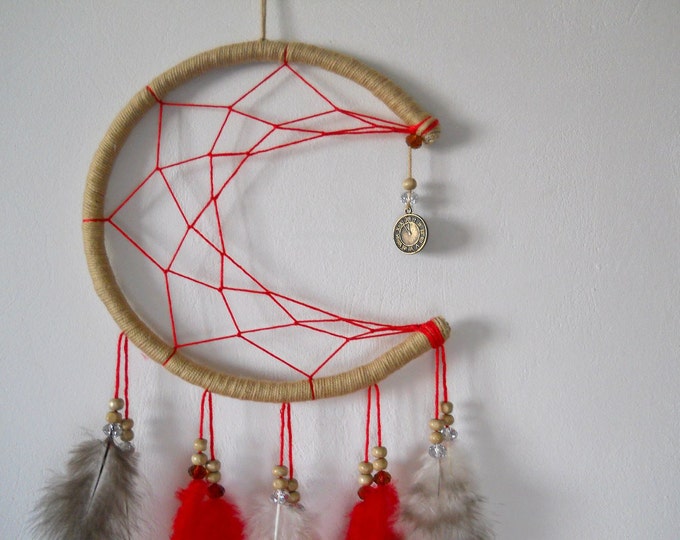 Red dream catcher moon boho dreamcatcher red home decor red wall hanging dream catcher small dream catcher fire dream catcher red suede
