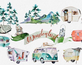 Watercolor Wanderlust Clipart Set,Retro Vehicles,Retro Camping,Traveling Clipart,Mountains,Backpack,Digital Scrapbooking,Vintage Trailer