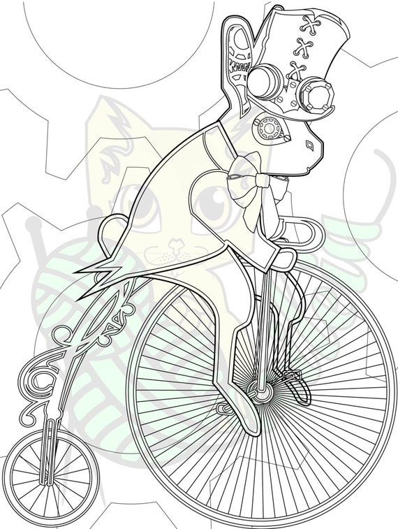 Steampunk victorian bunny on bike 8x10 inch coloring sheet