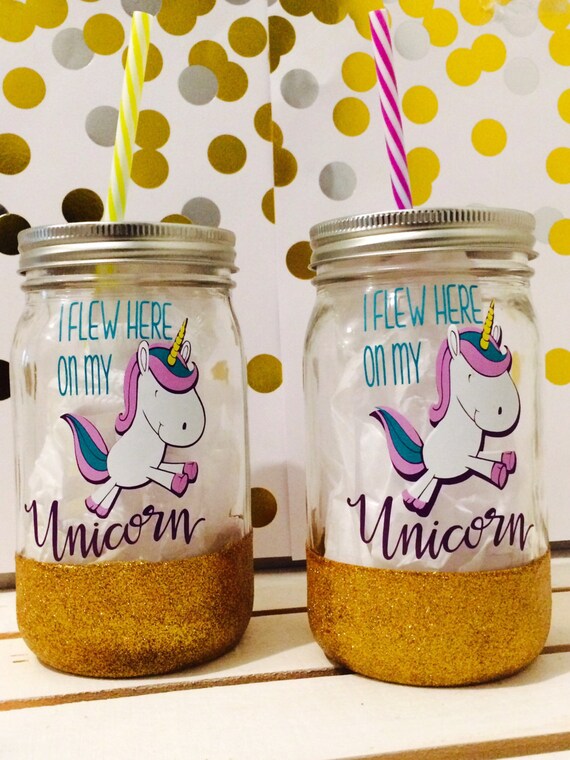 Mason Jar cup unicorn glitter dipped wide by LivAndFiBoutique