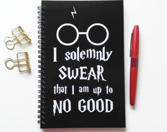 Writing journal, spiral notebook, sketchbook, bullet journal black blank lined grid, Harry Potter - I solemnly swear that I am up to no good