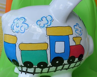 Personalized Large Piggy Bank - Boy's Room Hand Painted Train Design Ceramic Piggy Bank with Name