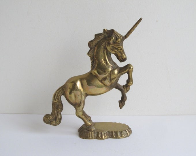 Vintage Brass unicorn figurine, mythical creature statuette, rearing horse sculpture paperweight / small indoor statue