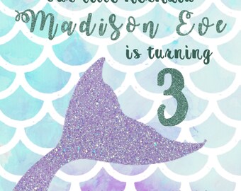 Mermaid girls birthday party invitation blue purple glitter