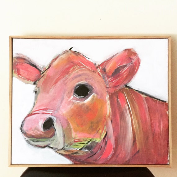 Items similar to ON SALE pink and orange cow painting on Etsy