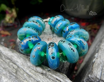 SRA Handmade LAMPWORK Glass Bead Set Donna Millard blue green ocean fall autumn earring pairs