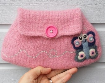 Felted bag pouch purse bag hand knit needle felted pink wool needle felted butterfly