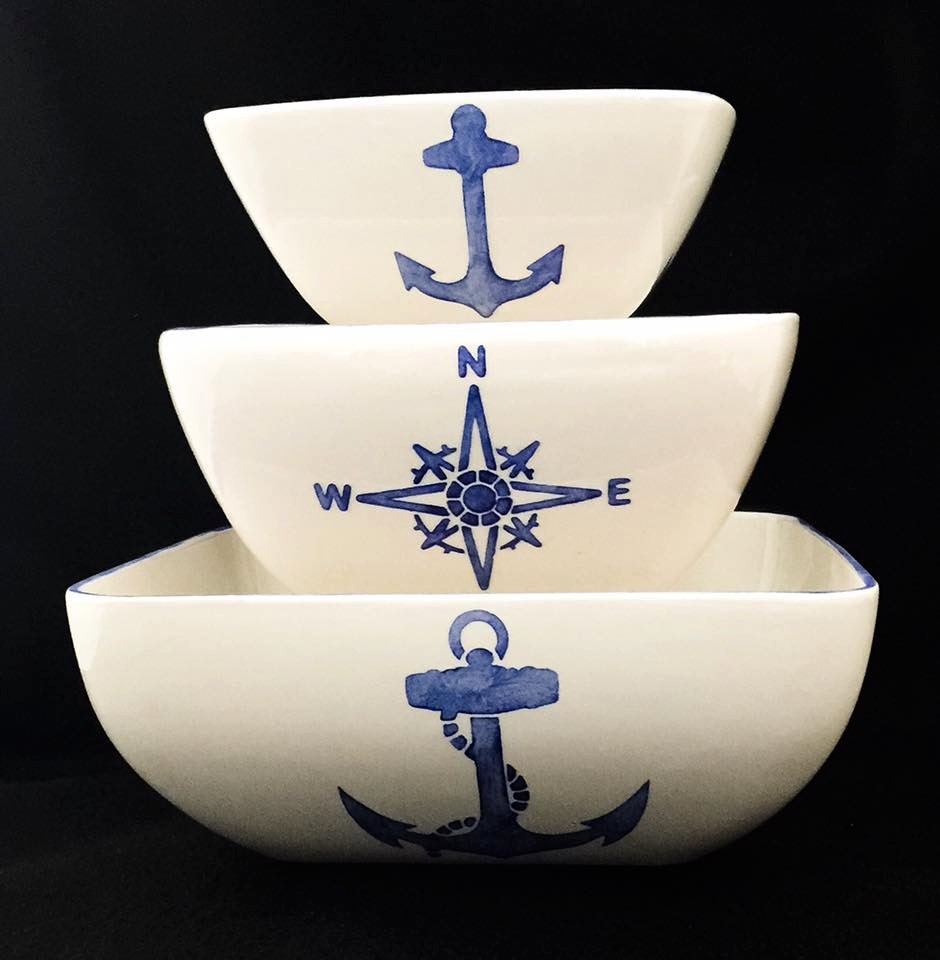 Nautical Serving Bowl Set. Anchor. Wheel. Compass. Salad.