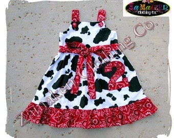 Custom Boutique Clothing Girl Birthday Barn Farm Cow Bandana Jumper Ruffle Dress 3 6 9 12 18 24 month size 2T 2 3T 4T 4 5T 5 6 7 8 t