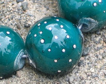 Handmade Glass Lampwork Beads, Teal/Silver art bead