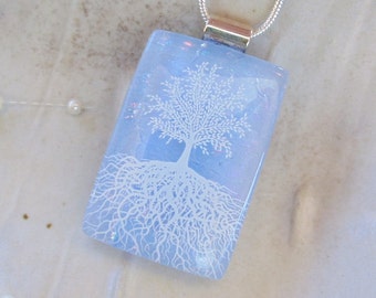 Tree of Life Dichroic Pendant, Necklace, Fused Jewelry, Blue, Necklace Included, A1