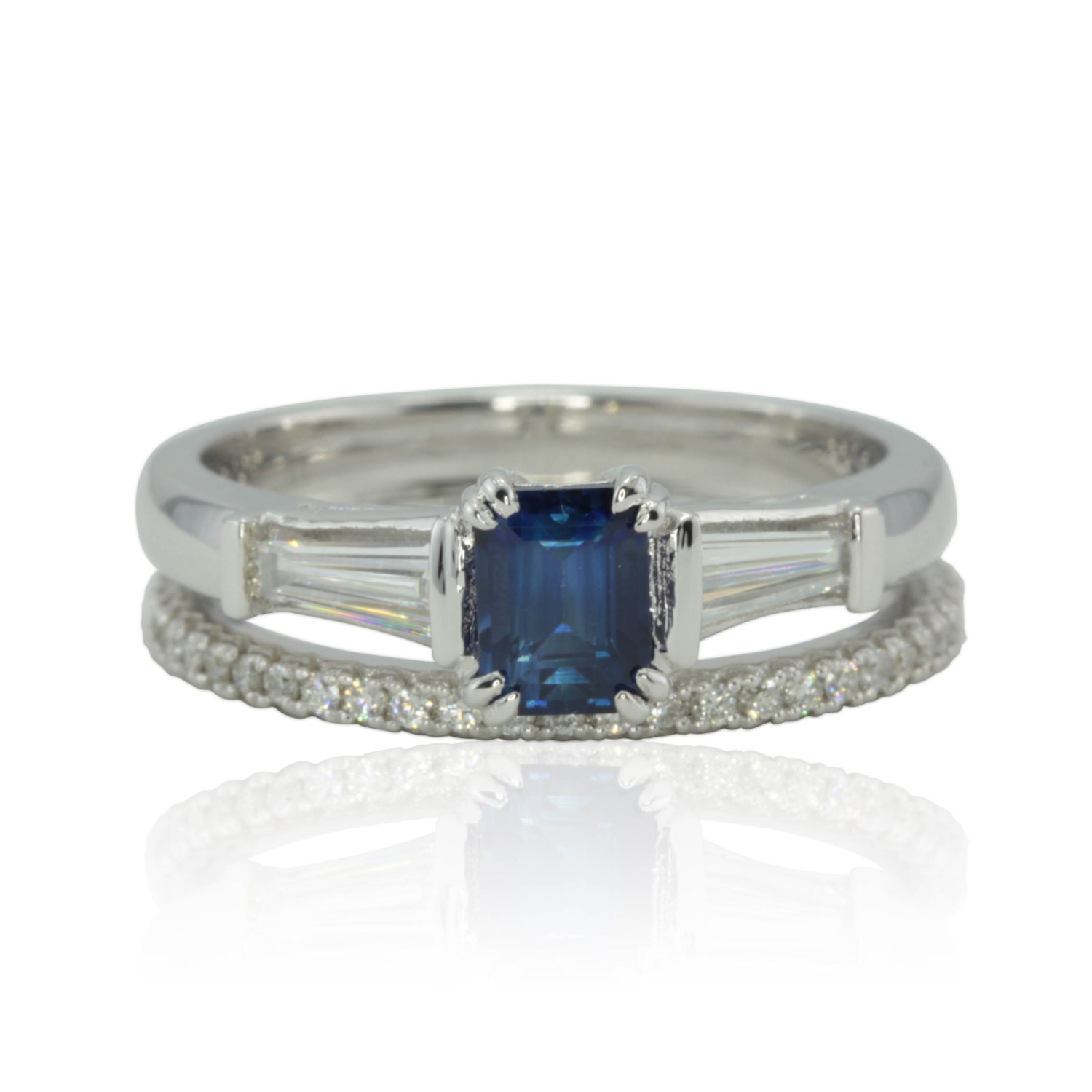 Sapphire Engagement Ring Emerald Cut Blue Sapphire Wedding