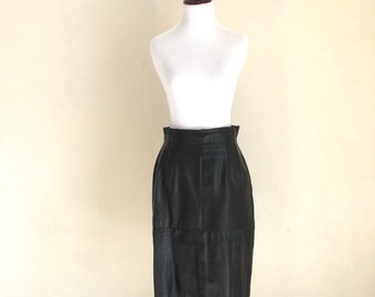 Black Leather High Waist Midi Pencil Skirt