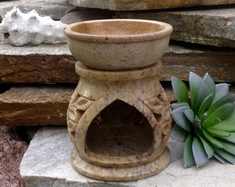 SALE-FREE SHIPPING-Vintage Hand Carved Soapstone Incense Burner-Candle Holder-Bohemian-Ethnic Decor-Hippie-Gypsy-Meditation-Paisley & Vines