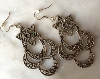 Vintage Ethnic Silver Star of David, Filigree Crescent Moons, Drop Earrings Tribal
