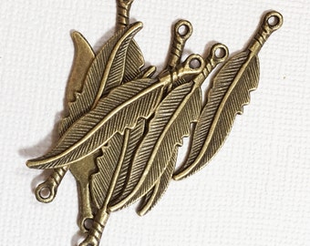 10 pcs of antique brass finished medium feather drop 8x36mm, alloy feather charm, antique brass feather charm