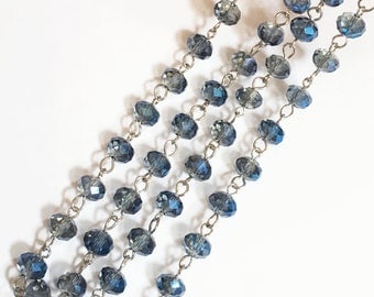 3ft of antique silver chain with glass rondelle beads, brass chain with Blue glass beads, brass beaded chain