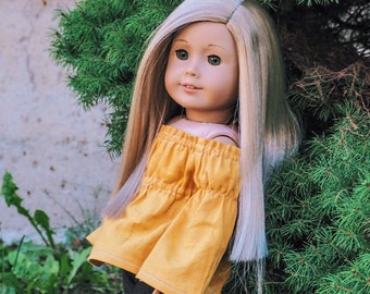 Fits like American Girl Doll Clothes - The Golden Autumn Collection, Linen Babydoll Peasant Top in Mustard, Made To Order