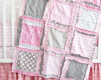Pink Crib Bedding Baby Rag Quilt - Pink / Gray Bedding Baby Blanket Size - Crib Size Quilt Girl Bedroom Decor - Modern Nursery Girl Quilt