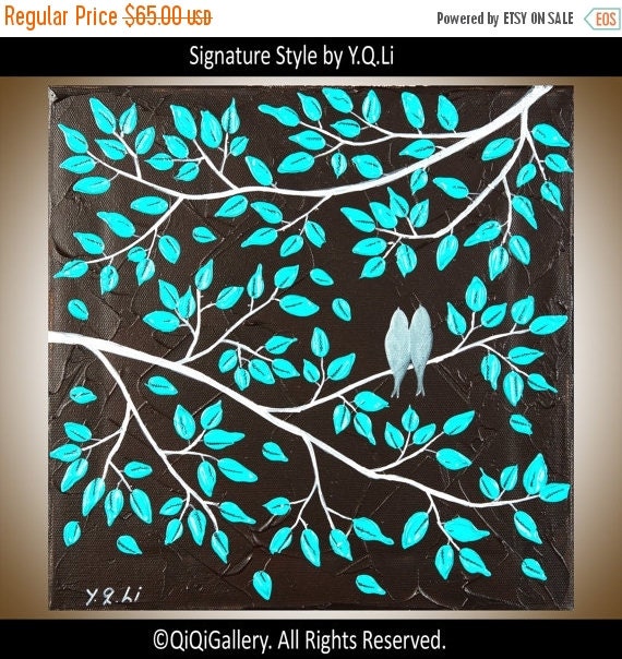 Birds art wall art teal color wall hangings wall by QiQiGallery