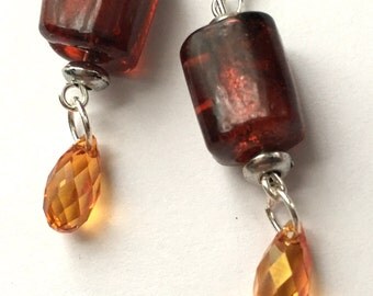 Bead earrings, Citrine and vintage red glass earring with sterling silver ear wire