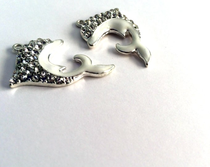 Pair of White Dolphin Charms Rhinestones Silver-tone