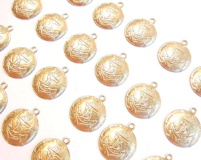 24 or 12 Pairs of Round Brass Charms with Anchors and Rope Embossing