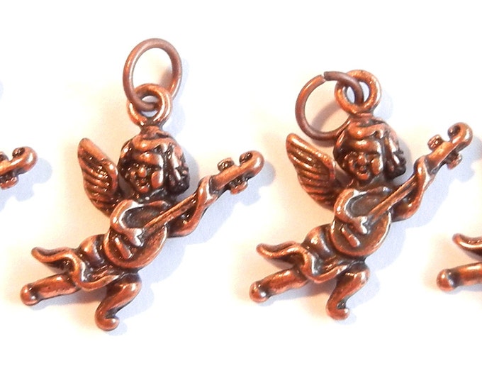 4 or 2 Pairs of Copper-tone Angel Cupid Charms Playing Mandolin Dimensional