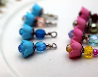8 Piece Baby Bell Lucite Flower Bead Dangle Charm Drop Sets In Pink and Blue