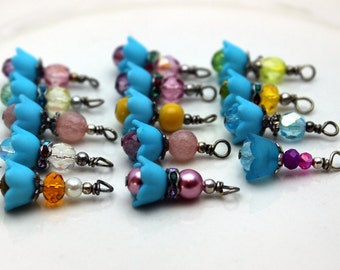 14 Piece Baby Bell Lucite Flower Bead Dangle Charm Drop Sets In Aqua Blue