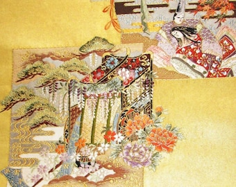 Vintage Japanese Kimono Obi Silk Piece with Real Gold Thread Brides Floral Wedding Carriage Wisteria Blossom Chrysanthemum and Attendants