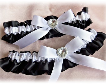 Weddings bridal garter set - black and white satin garters - prom garters - heart themed weddings