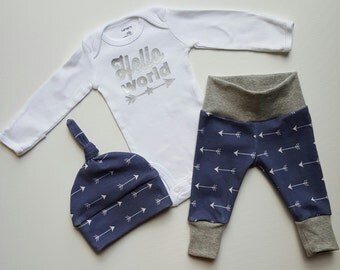 Baby Boy Newborn Take Home Outfit. Hello World Stars and Arrows. Organic Leggings. Midnight Blue Take Home Baby Gift Set.