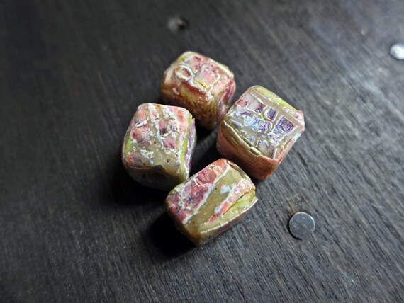 Rustic crackle polymer clay cube art bead pair (2)- handmade artisan beads- colorful rainbow