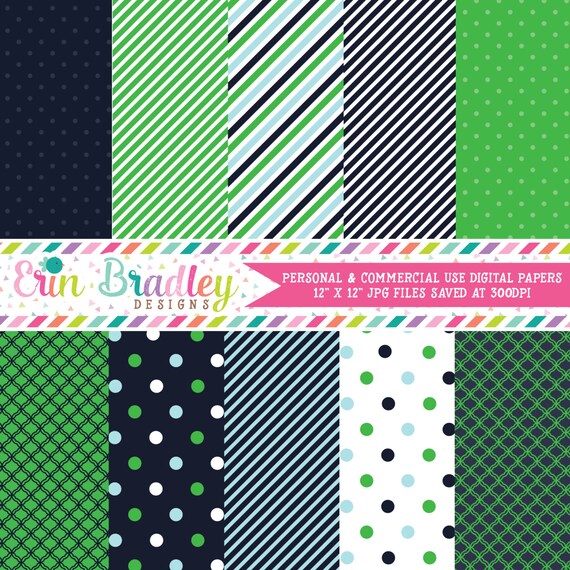 Digital Scrapbook Papers Personal and Commercial Use Preppy Navy Blue and Kelly Green Medley Il_570xn