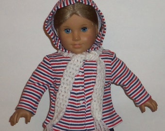 18 Inch Doll Hooded Sweater, Crochet Scarf, Striped, Red White Blue, American Made, Girl Doll Clothes, Winter Wear