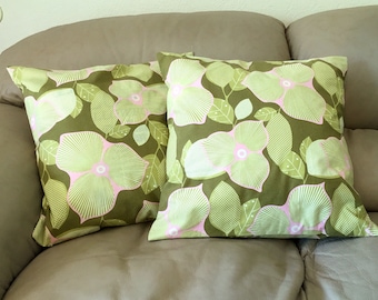 Decorative Throw Pillow Covers, Amy Butler Midwest Modern Floral Fabric, 18" covers, Olive Green and Pink Pillows, B2