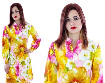 70s Mod Dress Psychedelic 60s A-line Shift Abstract Mini Bright Floral Flowers 1960s 1970s Sixties Metal Zipper Hawaiian Small S