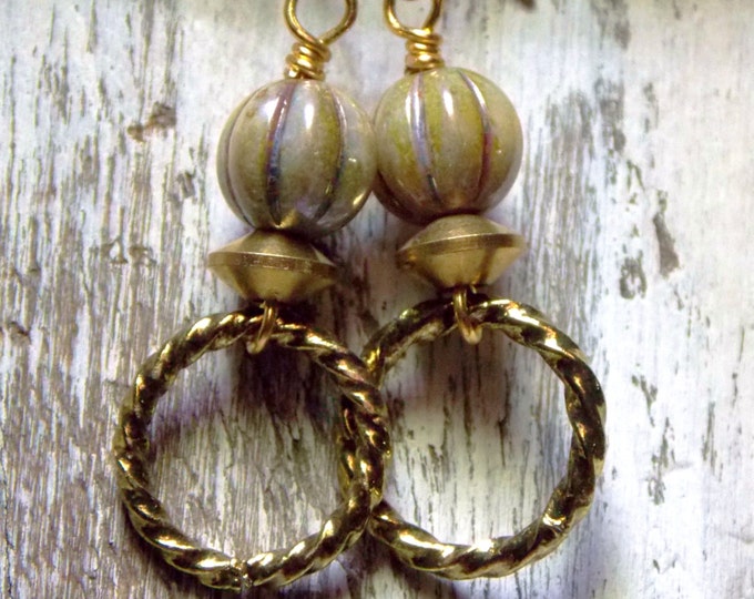 Textured Brass Gold Ring Earrings Czech Earrings Boho Earrings Dangle Small Earrings Jewelry