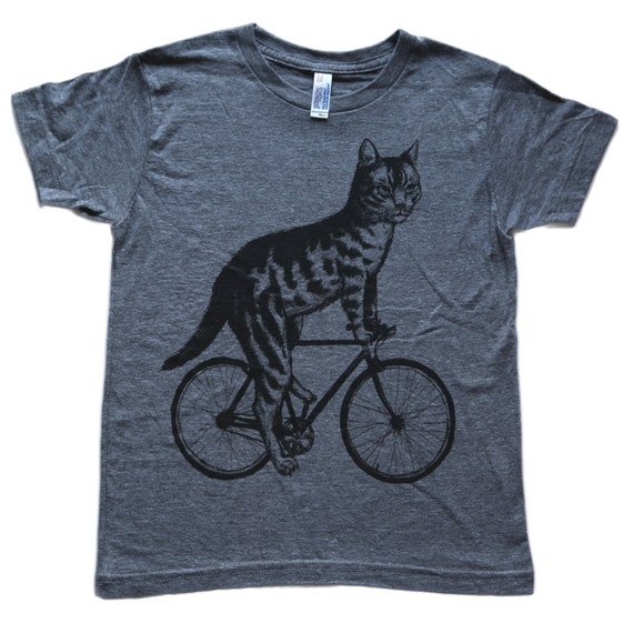 Cat on a Bicycle Kids T Shirt Children Tee Tri Blend Tee