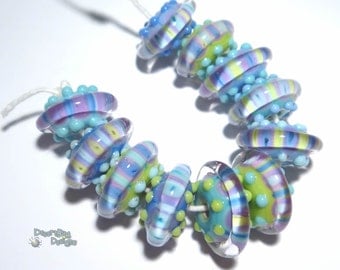 AREA 51 SAUCERS Lampwork Beads Handmade Cool Color Mix - Turquoise Blue Purple Green - Set of 11