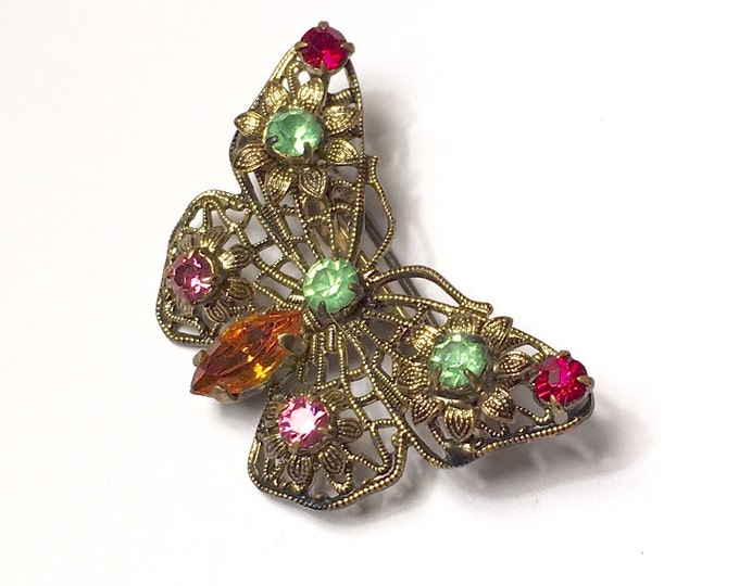 Rhinestone Butterfly Pin Filigree Czechoslovakia Vintage Smaller